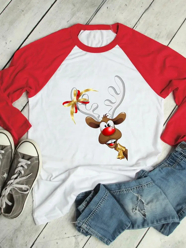 

Merry Christmas Deer Face Funny Trend Print T Shirt Clothes Clothing New Year Women Raglan Sleeve Graphic T-shirt Top Tee