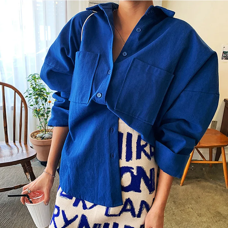

2022 New Spring Double Pockets Turn-down Collar Cotton Women's Blouse Casual Loose Female Blouse Tops Workwear Shirts dropship