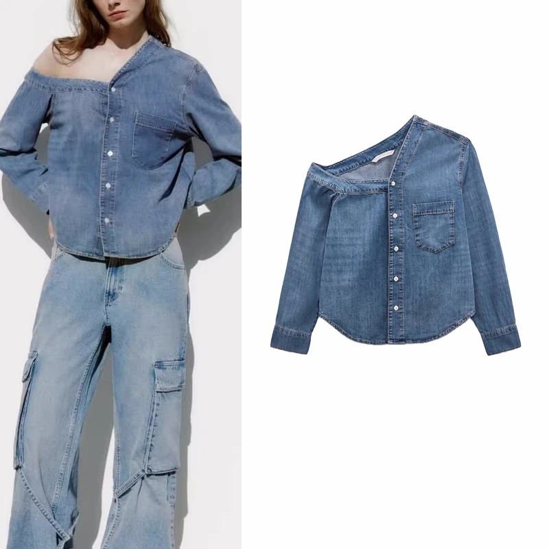 

Spring And Summer New Foreign Style Strapless Asymmetric Single-breasted Long-sleeved Denim Casual Shirt Top Women's