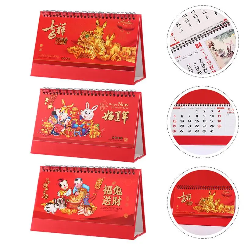 

3Pcs 2023 Chinese Calendar Monthly Chinese Table Calendar Chinese Year of the Rabbit Table Calendar