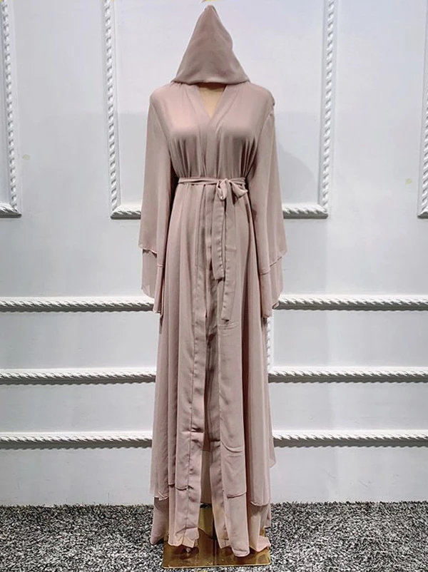 Chiffon Casual Solid Color Open Abaya for Women Muslim Loose Ethnic Style Long Robes with Belt Elegant Eid Dress Islami Clothing