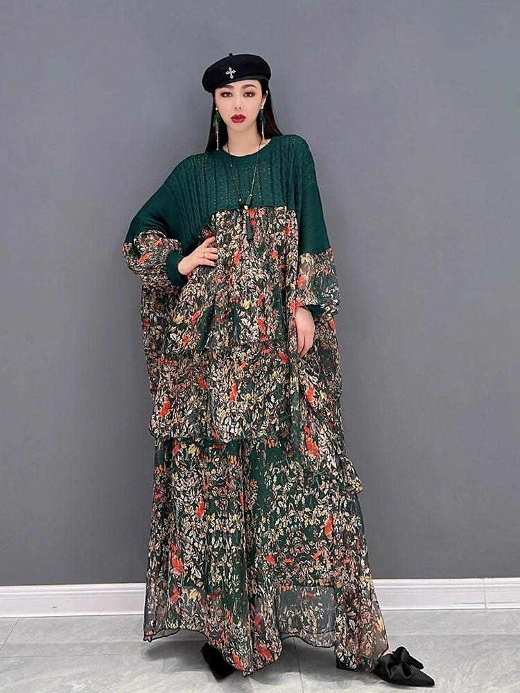 

SuperAen 2022 Spring New Fashion Casual Print O Neck Loose Chiffon Splicing Women's Two-piece Set Dress
