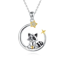 925 sterling silver cute animal raccoon moon pendant necklace jewelry for women girls baby birthday daily mothers day gifts