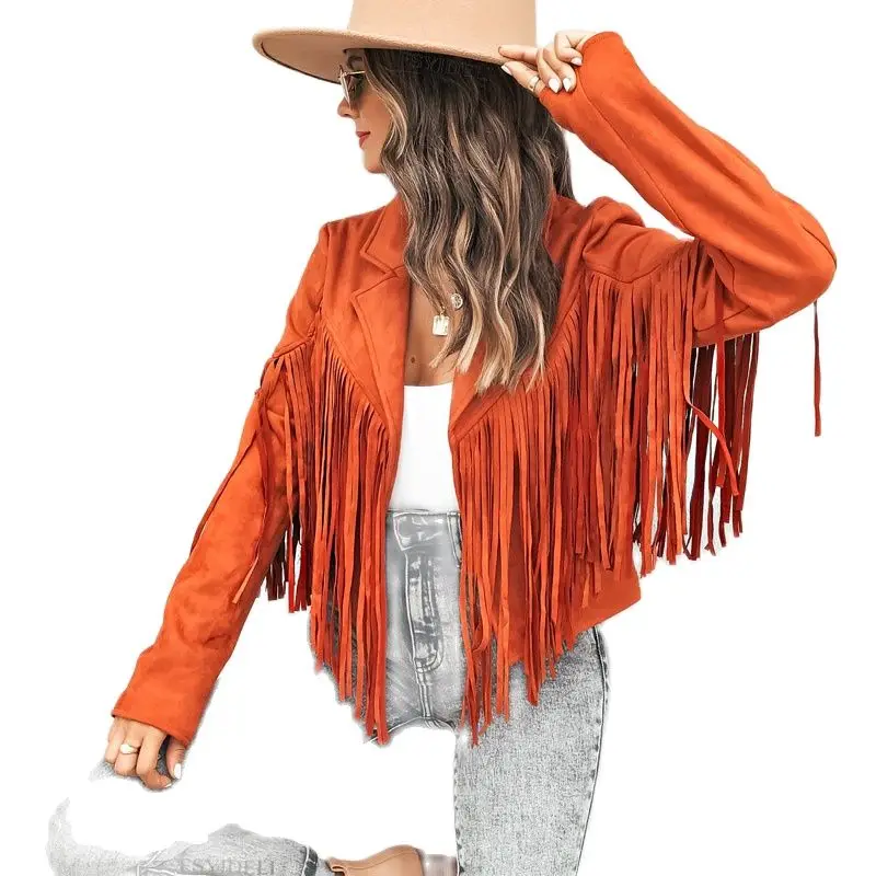 

New Women's Short Gothic Jacket Fake Leather Deer Fur Temperament Lapel Tassel Autumn And Winter Women Coat Motorcycle Suit