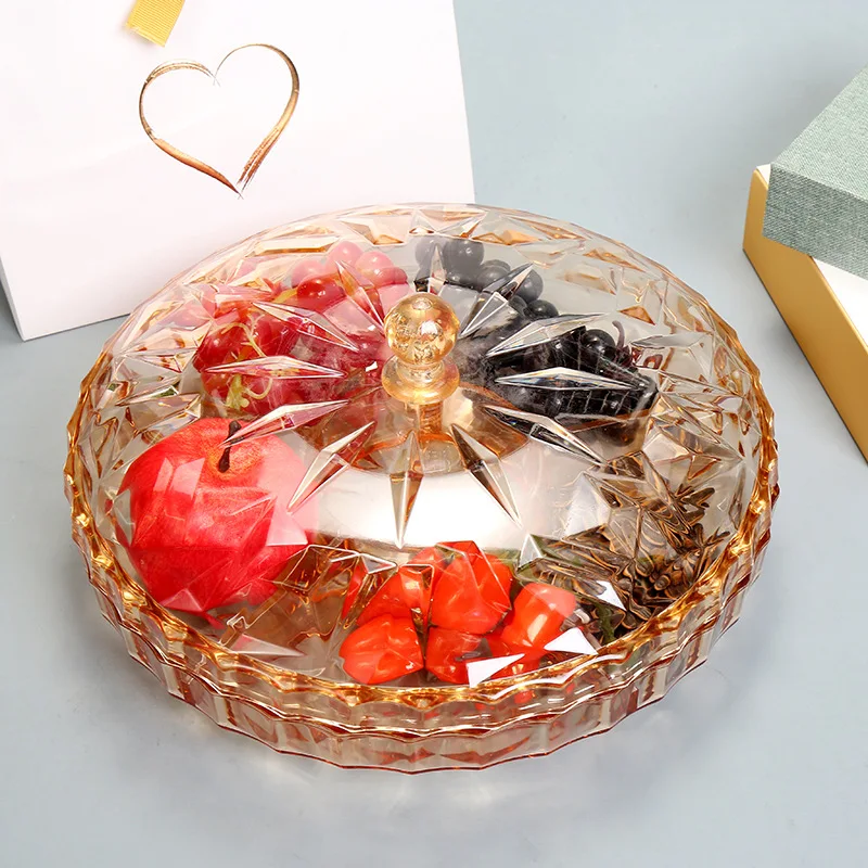 

Transparent Acrylic Storage Tray Luxurious Round Square Crystal Plate Fruit Cake Steak Snack Kitchen Candy Storage Box with Lid