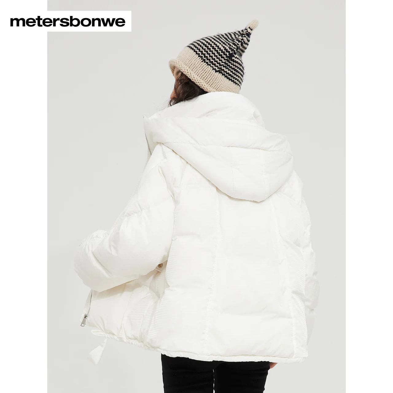 Metersbonwe Women's 22New Winter Arc Quilted Stand Collar Hooded Down Jacket Pure Color Short Loose Thick Warm Wear 80%Duck Down