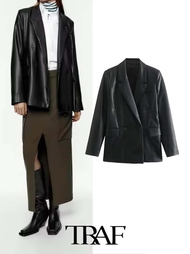 

TRAF 2023 New Unisex Leather Casual Loose Blazer Women Casual Blazer Woman Office Elegant Female Suit Jacke