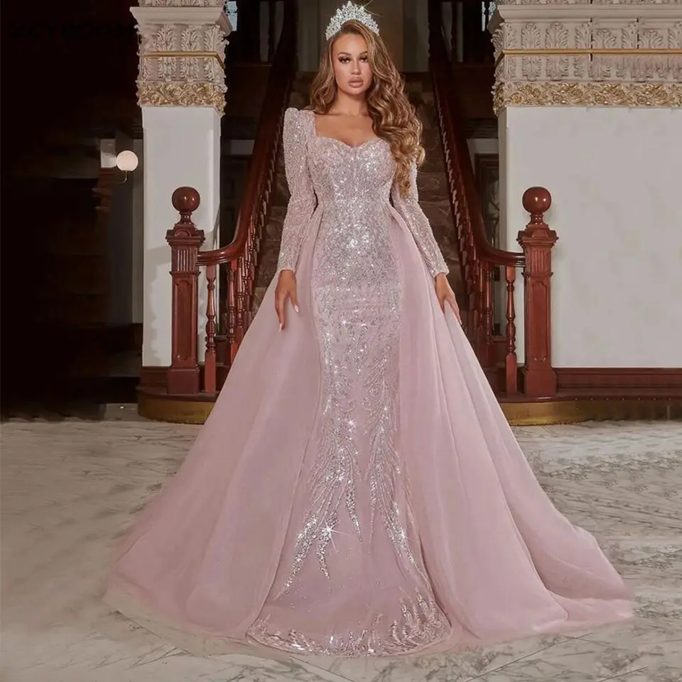 

Exquisite Pink Sequined Long Sleeves Mermaid Evening Dresses 2023 Dubai Princess Sweetheart Open Back Prom Gowns Robe De Soirée