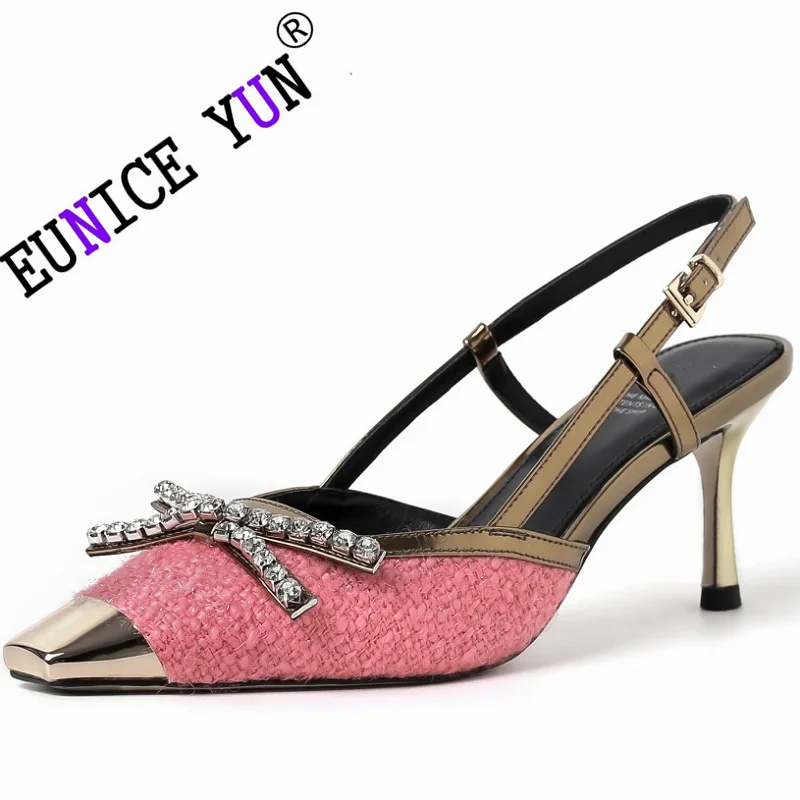 

【EUNICE YUN】Brand Genuine Leather Square Toe Rhinestone Stiletto Sandals Summer Fashion Buckle High-heeled Color-blocking Women'