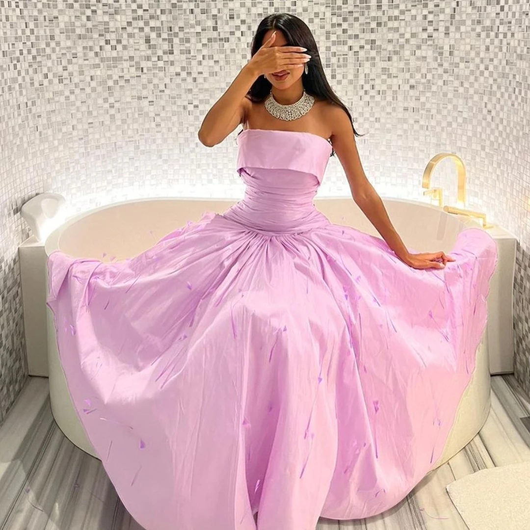 

VD Pink Prom Dresses Saudi Arabia Dubai Women Wear Strapless Evening Party Dress Feathers A Line Bridal Gowns Wedding Banquet