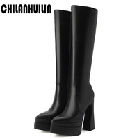 pointed toe autumn winter boots elastic microfiber shoes woman boots high heels black punk style platform zip knee high boots