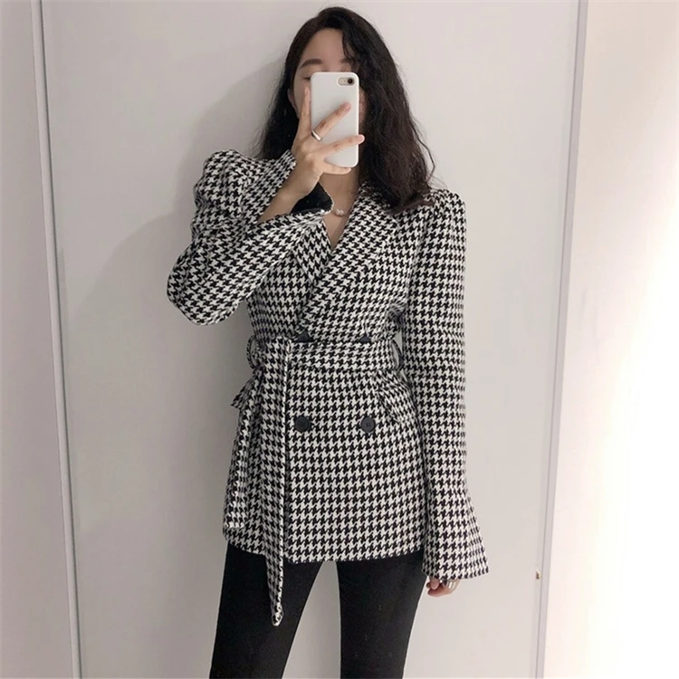 Autumn Winter New 2023 Houndstooth Blazers Women Jacket Woolen Pocket Checkered Puff Sleeve Lace Up Wild Tops Slim Vintage Coat