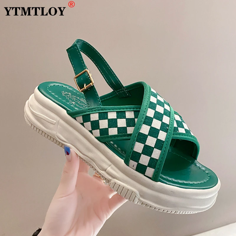 

sandals Beach Summer Sandals Women Straw Buckle Strap Rhinestone Sandalias Green Open Toe Thick Bottom Roman Shoes 3