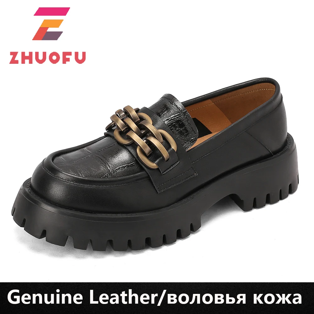 

ZHUOFU 2023 классические женские туфли-лодочки весенне-осенние офисные повседневные лоферы из натуральной кожи на платформе и толстом каблуке с цепочкой Лоферы обувь