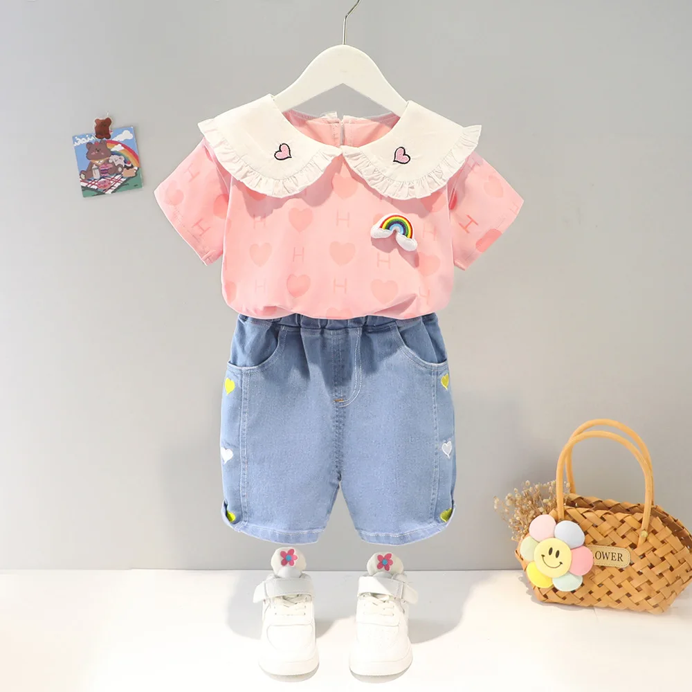 

Baby Girl Summer Clothing 2022 Love Heart Printed O-neck T-shirts Tops and Denim Shorts Two Piece Girls Outfits Kids Tracksuits