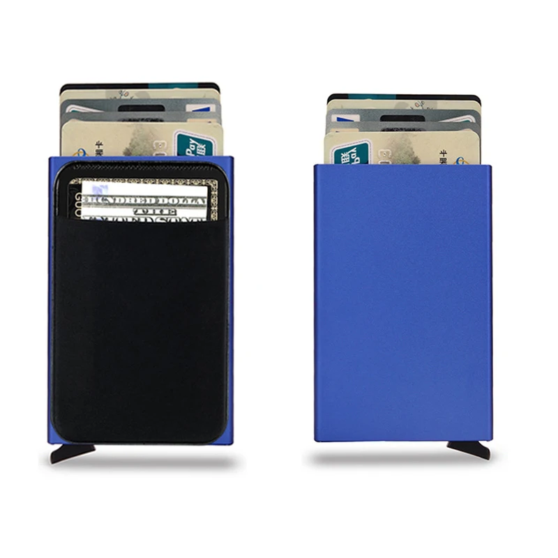 Thin Blue Slim Aluminum Wallet With Elasticity Back Pouch ID Credit Card Holder Mini RFID Wallet Automatic Pop Up Bank Card Case