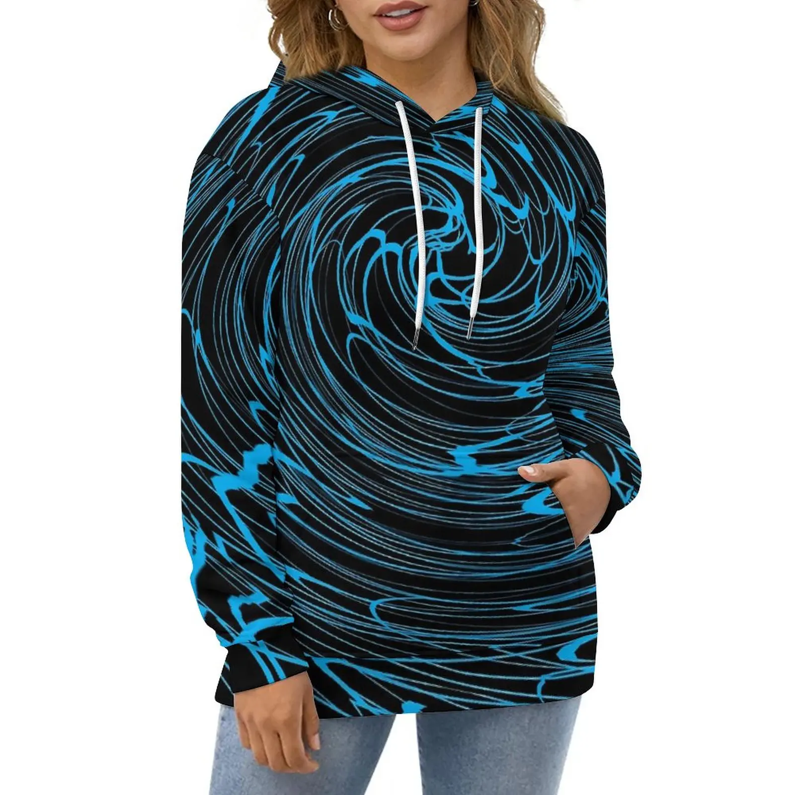 

Shallow Water Print Hoodies Long-Sleeve Blue Spiral Aesthetic Casual Pullover Hoodie Winter Hip Hop Oversize Loose Sweatshirts