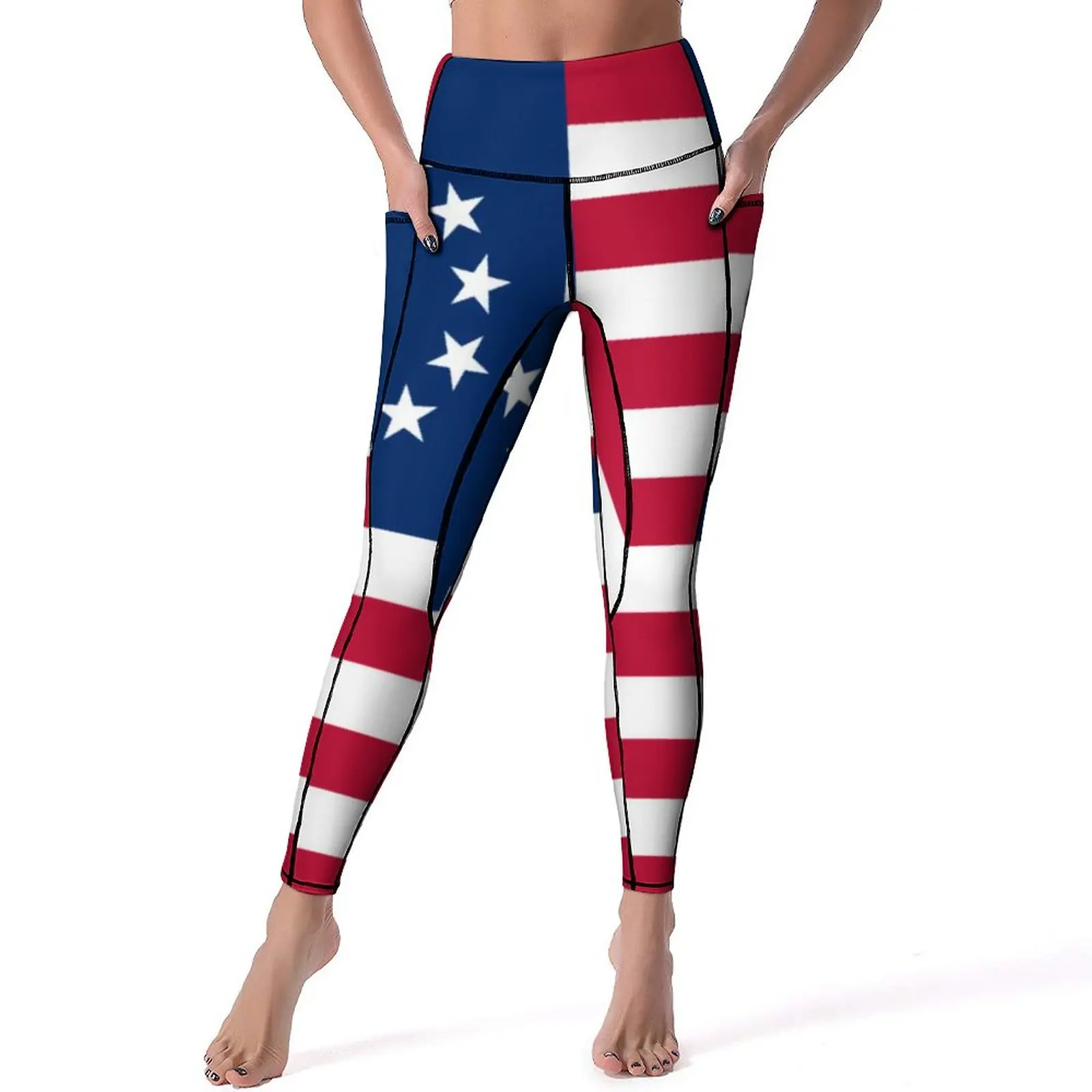 

American Flag Quality Yoga Pants Betsy Ross 13 Stars Stripes Leggings High Waist Running Leggins Casual Elastic Sport Legging