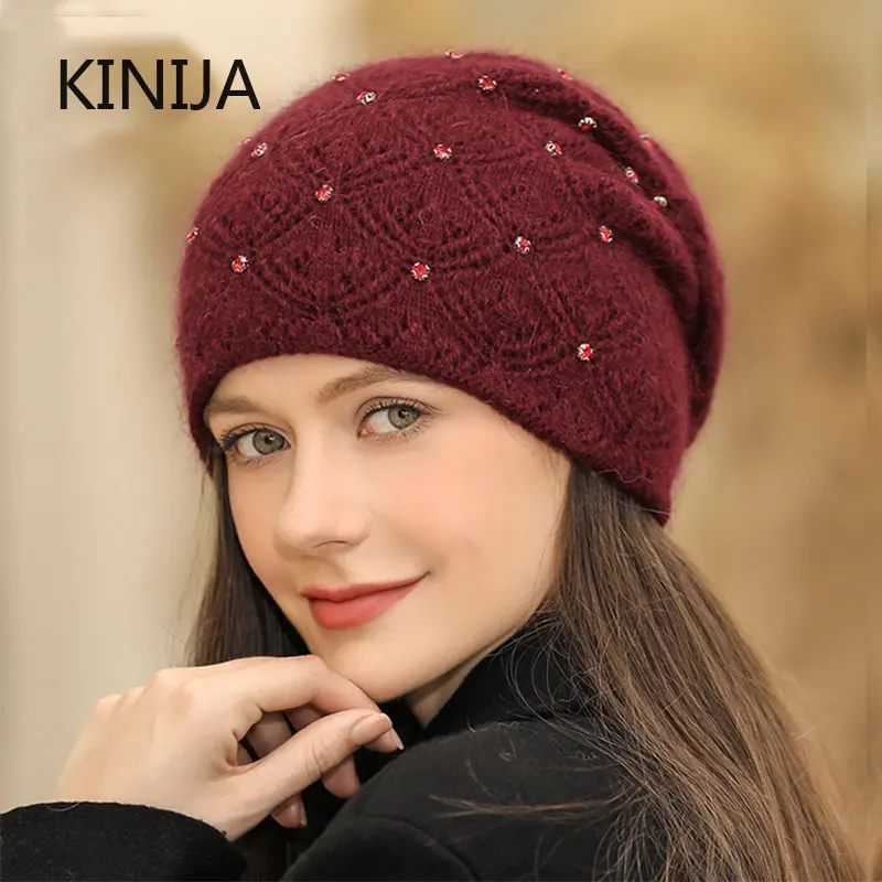 Female Fashion Wool Cap Elegant Lady Soft Warm Knitted Skull Cap Bonnets for Women Winter Coldproof Hot Drilling Thicken Beanies