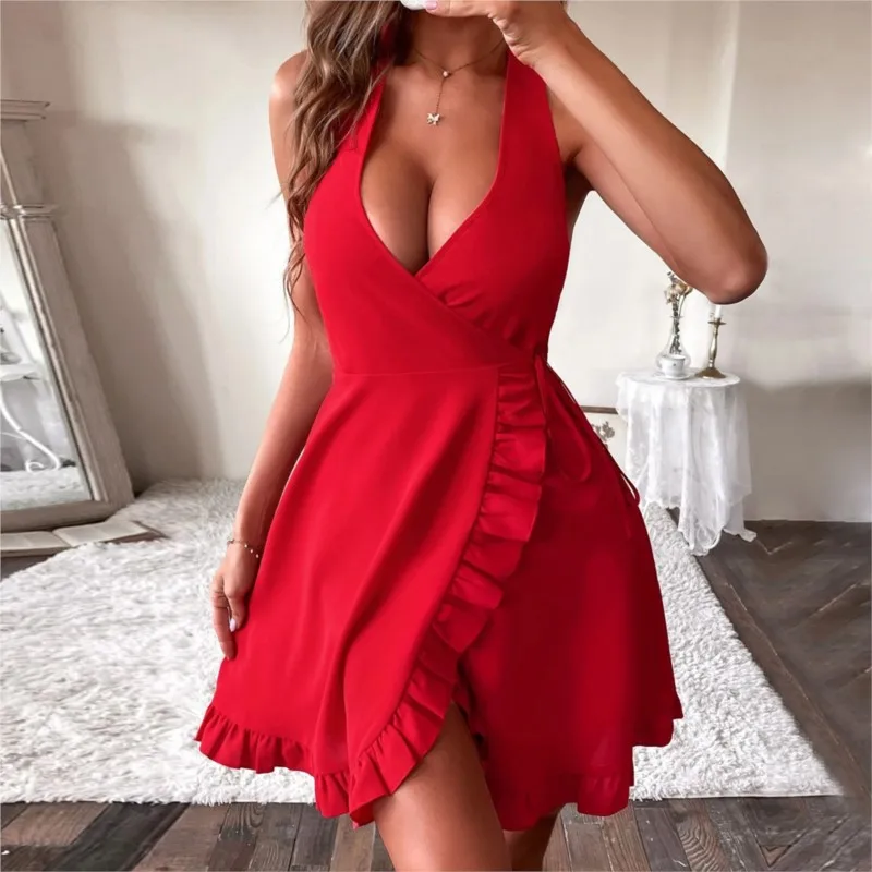 

Elegant Women Dress For Party 2023 Summer Korean Fashion Sexy Backless Receive High Waist Ruffled Skirt With Neck Solid