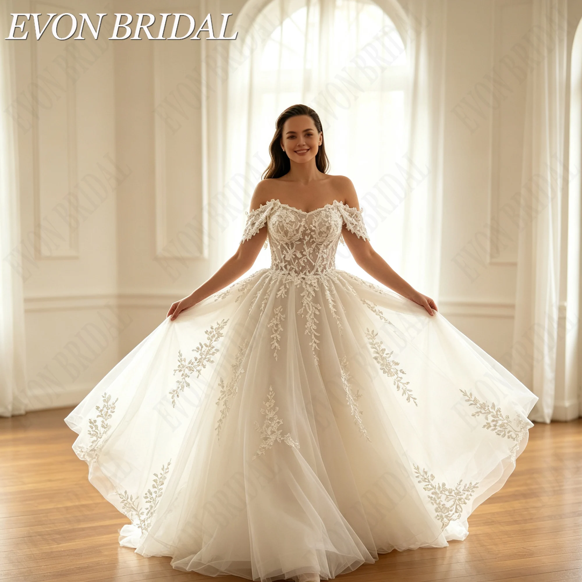Фото EVON BRIDAL Плюс сайз свадебное платье без плеч для женщин кружевные аппликации А-линия свадебное платье садовое открытая спина свадебное платье на заказ большой размер кружево вышивка пышная юбка свадьба на открытом №2