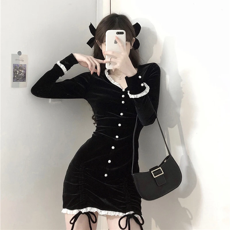 

Винтажные бархатные платья, женское осеннее облегающее мини-платье с V-образным вырезом и длинными рукавами, с кружевной отделкой, Готц