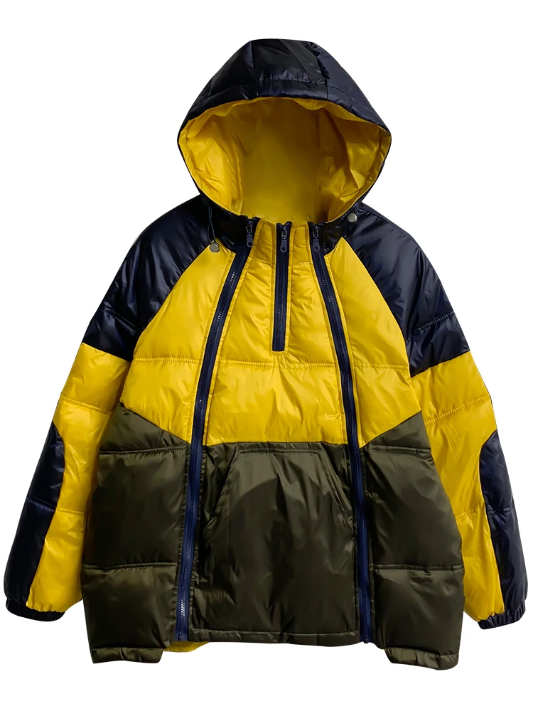 2022 Winter Down Jacket Fashion Splice Contrasting Colors Down Jacket Women Double Zipper Hooded Parkas Coat Down Cotton Coat