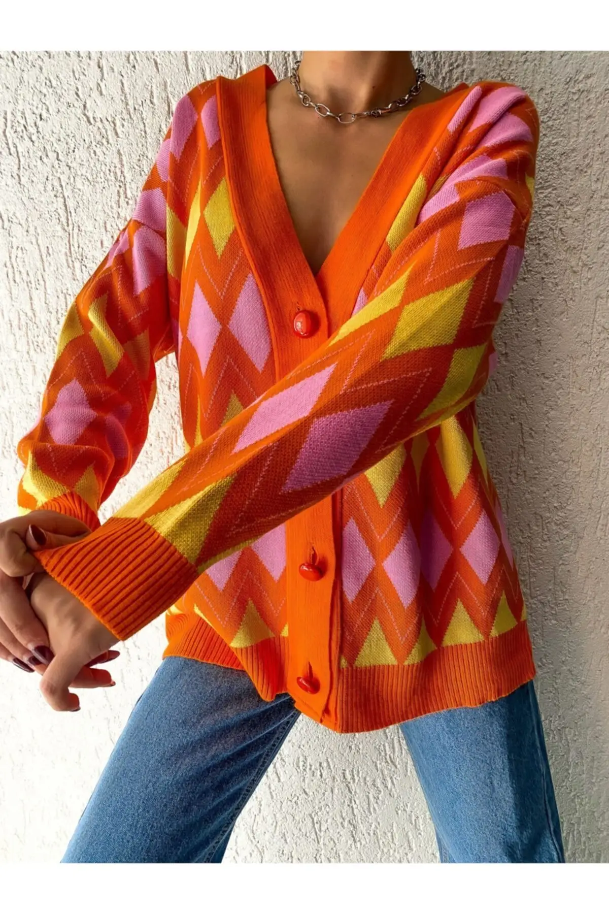 

Women's Cardigan Legendary Diamond pattern Orange Casual Knitted Quality Fashion Cardigan Sweaters Loose Sweater Sweater Jumper