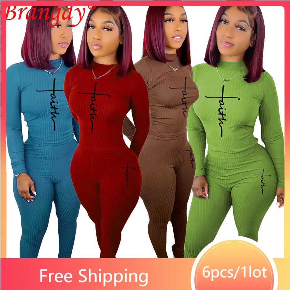 

6sets Wholesale Items for Business Casual Rib Sport Two Piece Set Skinny Long Sleeve Outfits Tracksuit Womens Clothing B10252