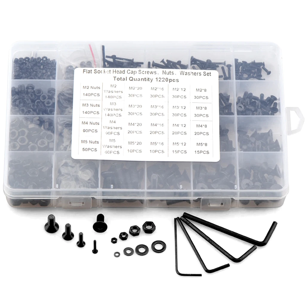 

1220 Pieces M2 M3 4 M5 Screw Industrial Hex Socket Button Bolts Business Fastener Hexagon Nut Washer Assortment Tool Set