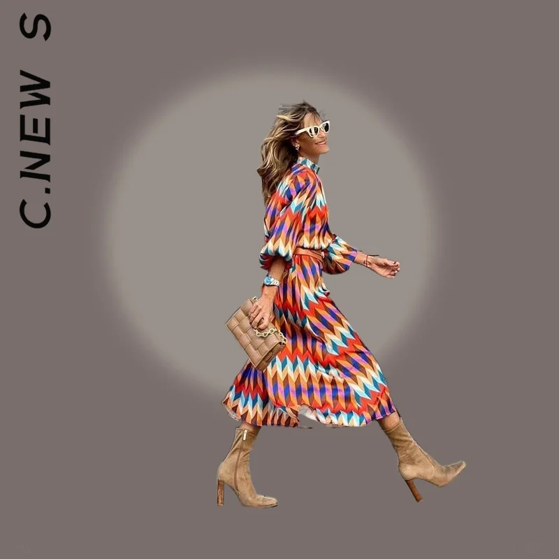 Женское длинное платье с высоким воротом винтажное принтом и рукавом 2022 в