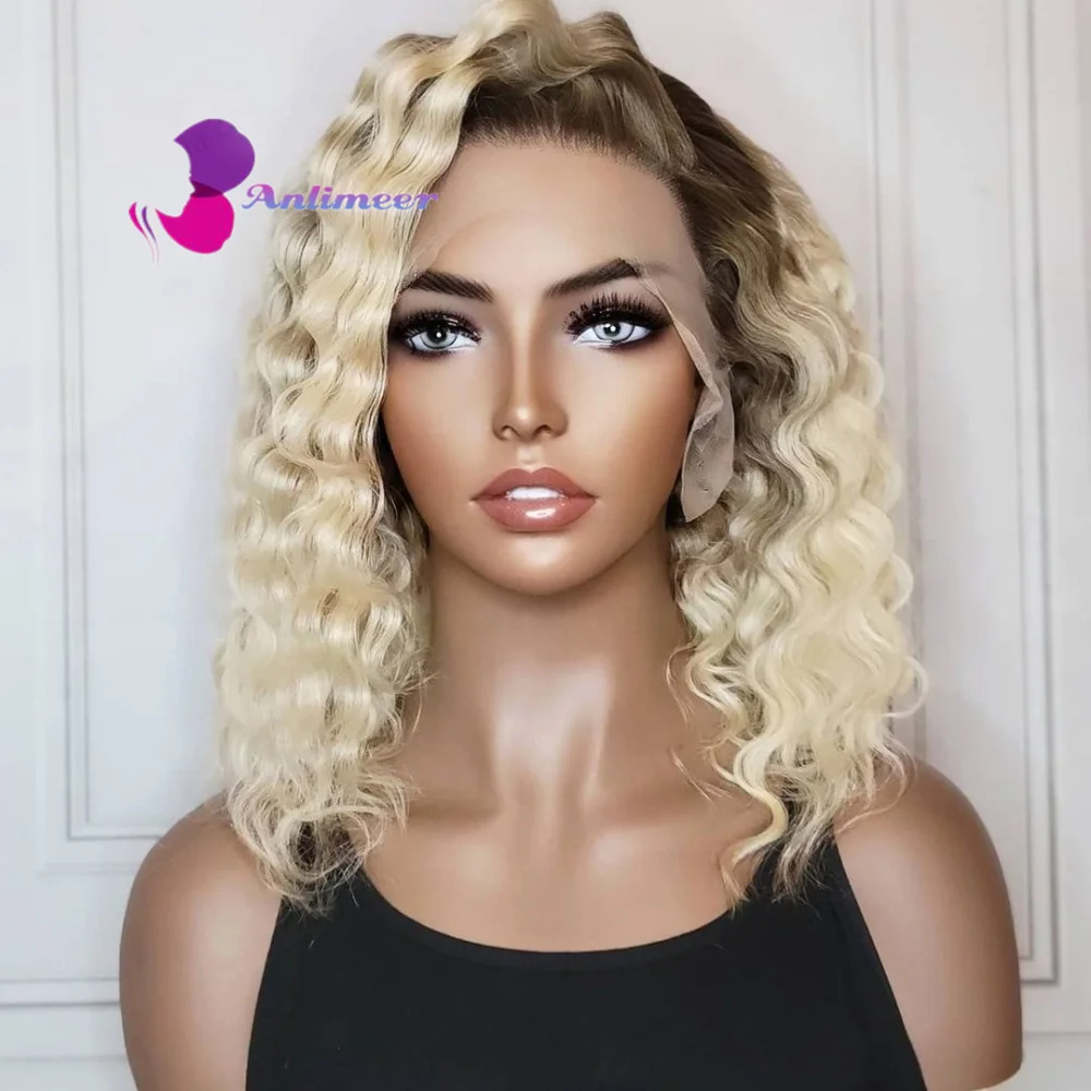 

Dark Brown Roots Ombre Blonde Wigs Human Hair 13X4 Silk Base Deep Wave Wig Pre Plucked Bleached Knots Lace Front Wig for Women