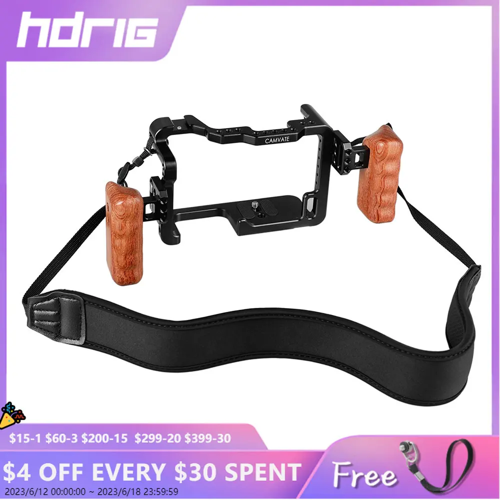 

HDRIG Camera Cage for Panasonic GH5 With Cold Shoe Mount Dual Wooden Handgrip & Shoulder Strap For Monitor Holder Flash Light