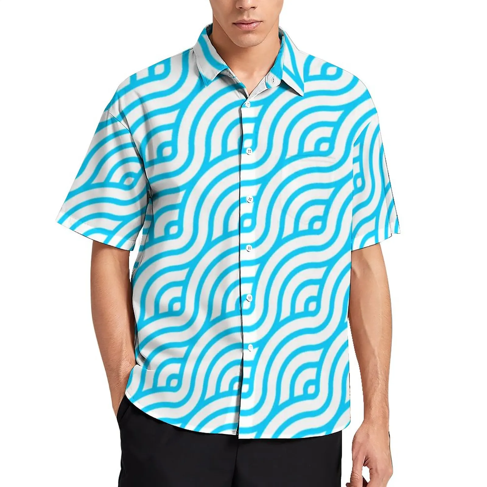 

Seigaiha Blue Casual Shirt Japanese Wave Circle Beach Loose Shirt Hawaiian Streetwear Blouses Short-Sleeve Print Oversized Tops