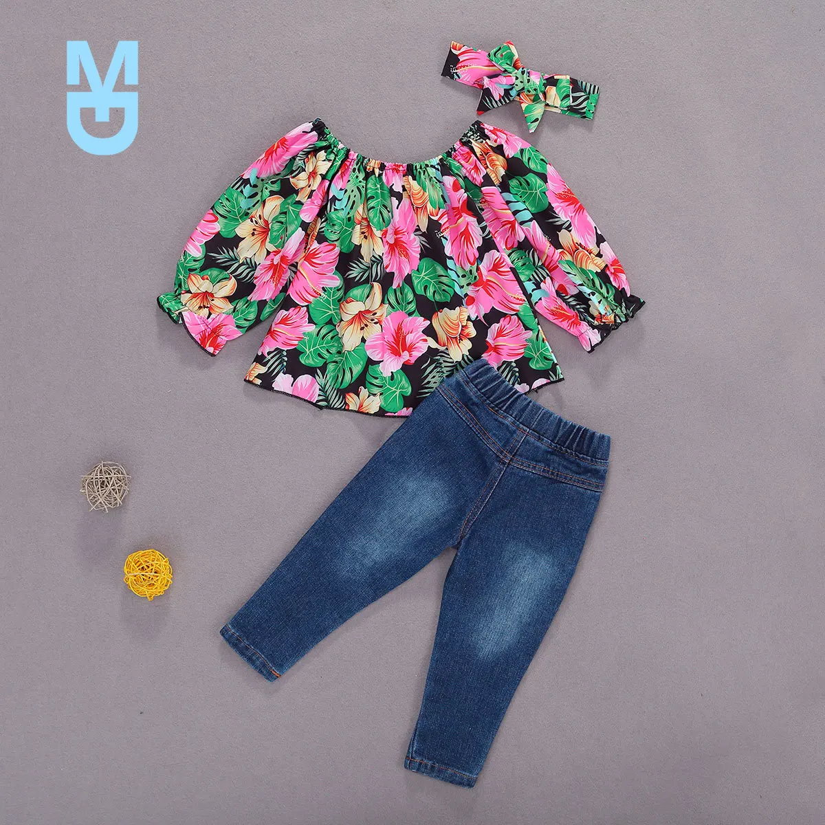 

New Girl Set Long Sleeve Leaves Print Top Jeans Denim Long Pants Toddler Girls Sets Cute Baby Clothing 12M-5Y