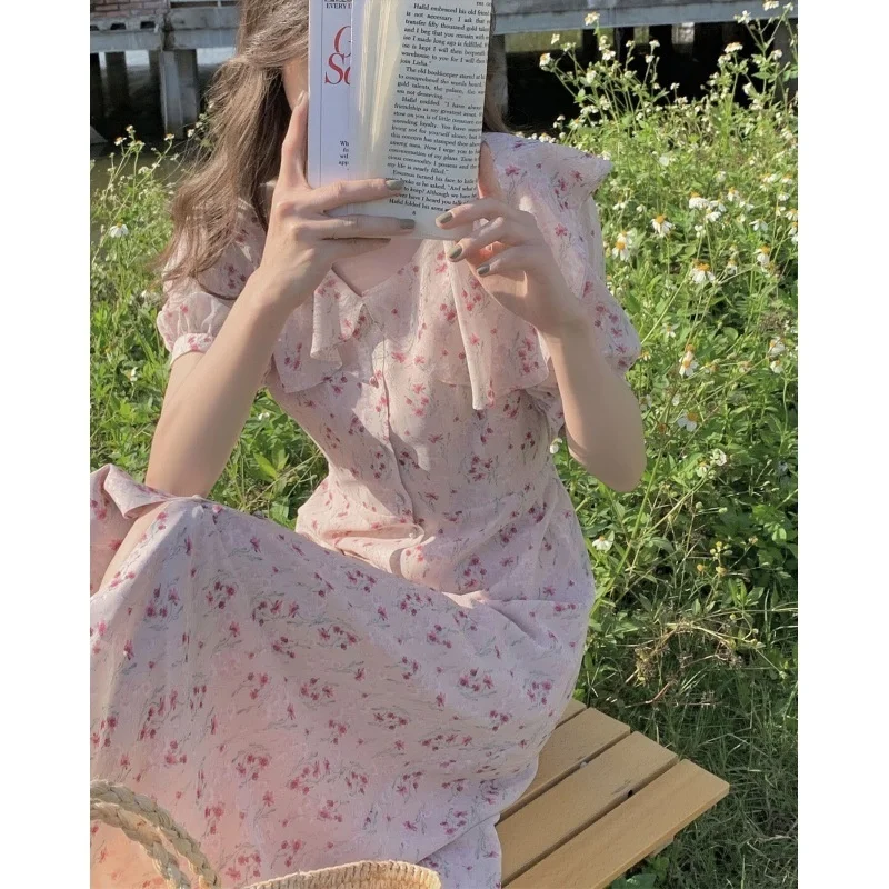 

Women Dress Pink Thin Paper Floral Dress Women's Summer Fashion Casual French Dress