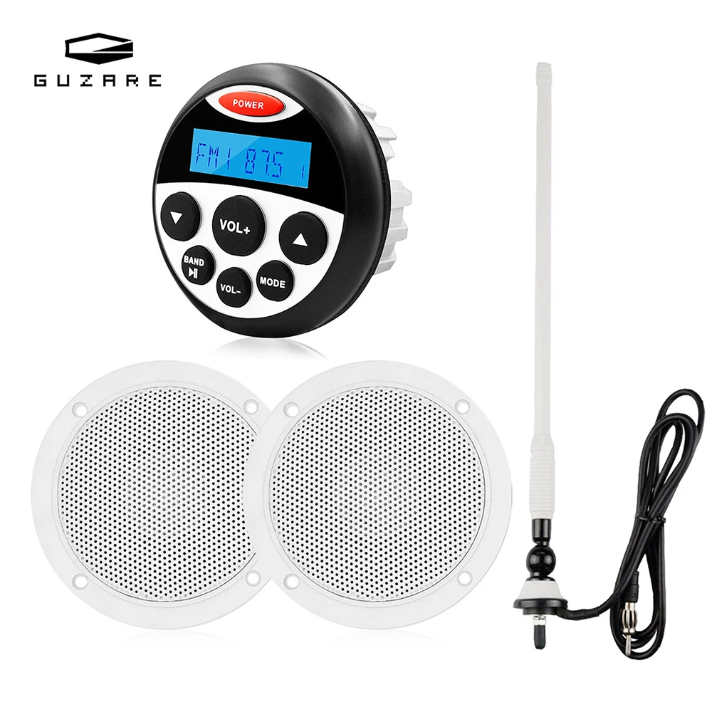 GUZARE Boat Radio Stereo Audio Bluetooth Receiver OR 4" Marine Waterproof Speaker OR FM Antenna for Jet Ski ATVs Open Gazebo