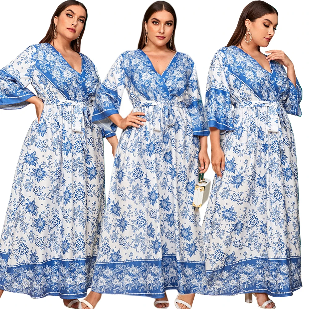 

Bohemian Women Print Long Dress Spring Summer Kaftan Sundress V-neck Islamic Vestido Ethnic Vintage Clothing Middle East Fashion