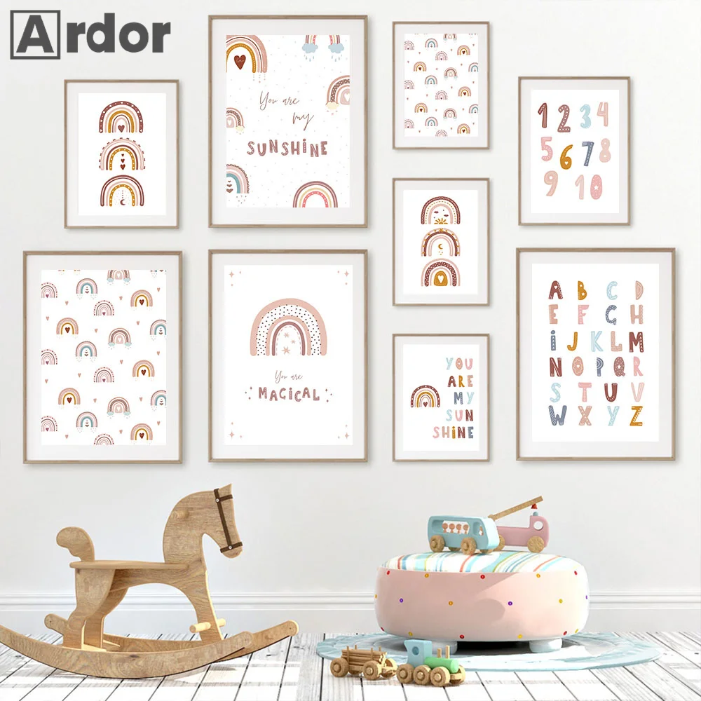 

Child Painting Rainbows Wall Poster Alphabet Print Sunshine Canvas Picture Nursery Art Prints Nordic Posters Kids Room Decor