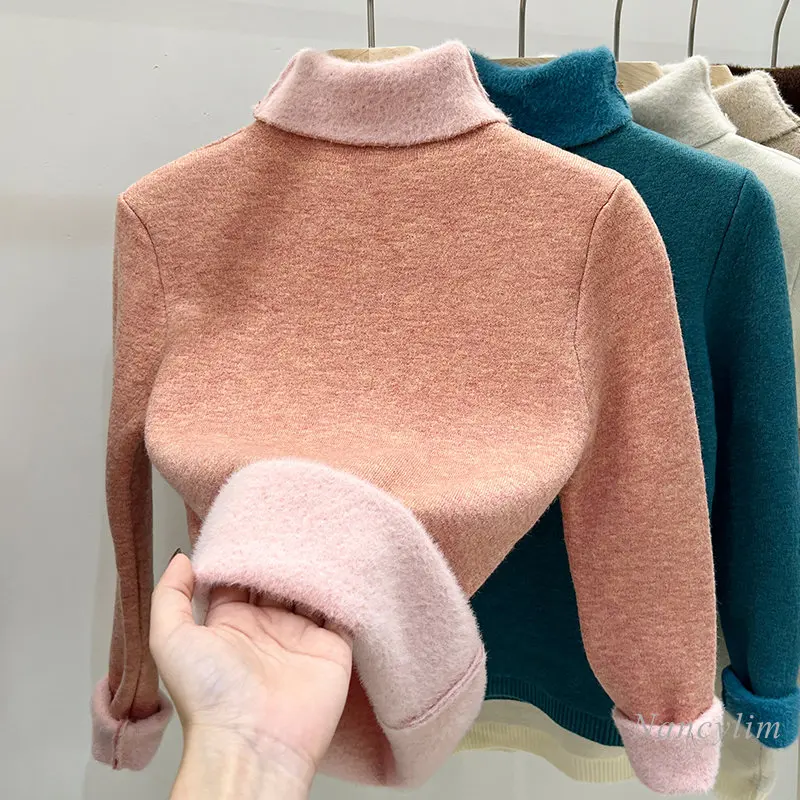 

Fleece-Lined Mink Sweater Women's Thickened Warm Pullovers Autumn and Winter Underwear New Heaps Collar Bottoming Inner Wear Top
