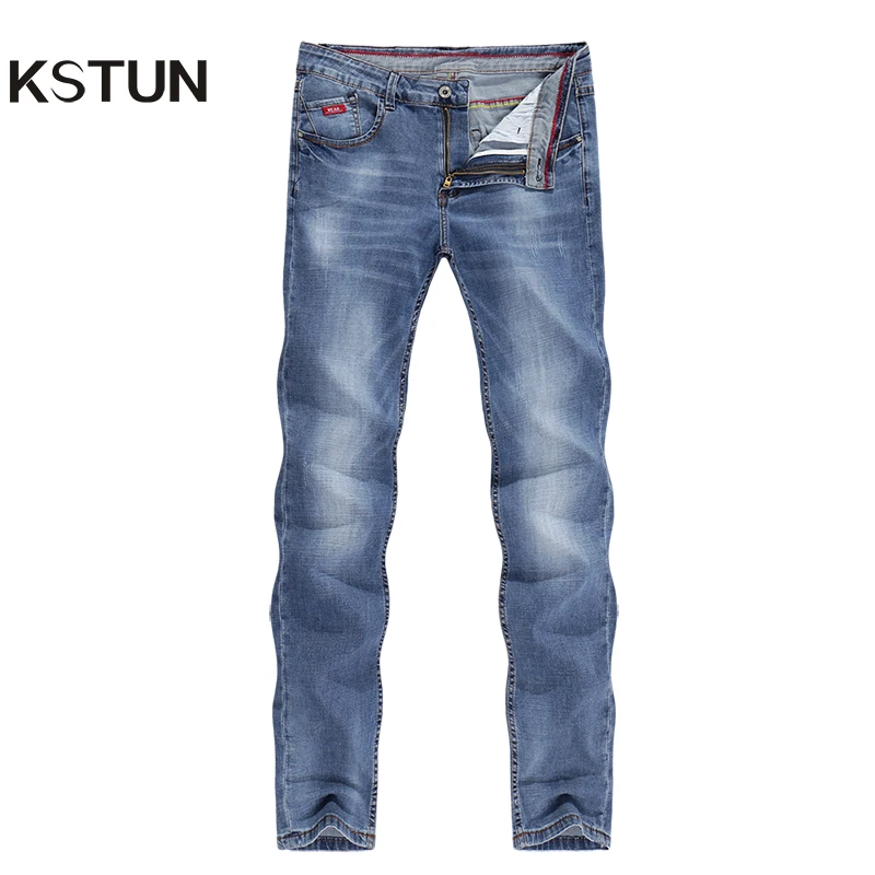 

KSTUN Mens Jeans 2022 Spring Autumn Business Casual Straight Slim Fitness Elastic Blue Gentleman Trousers Cowboys Jean Hombre