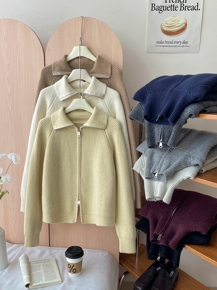 Японский и корейский простой ретро-свитер с двойной молнией воротником-стойкой в