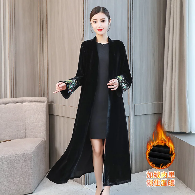 elegant 2023 Embroidered Cardigan Femmes Windbreaker Overcoat Women Spring Autumn Long Trench Coats black Velvet Outerwear