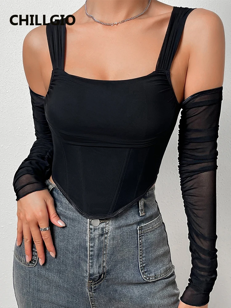 

Женская сетчатая блузка CHILLGIO на бретелях-спагетти, дизайнерские корейские блузки с открытыми плечами и длинными рукавами, Повседневная мод...