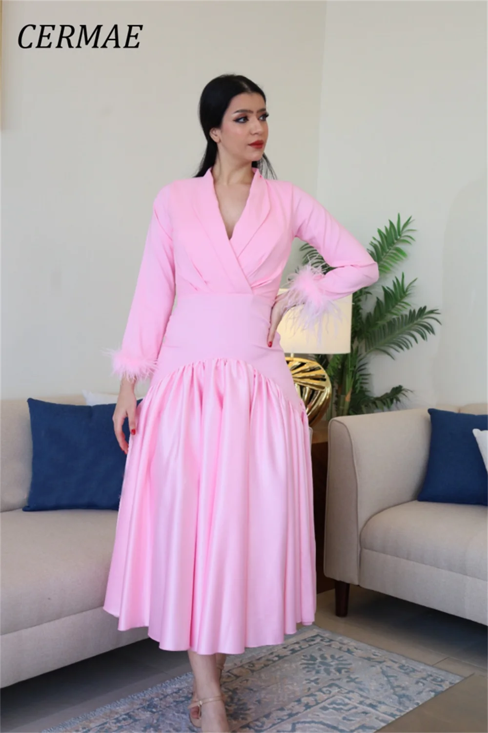 

CERMAE A-Line Long Fold Feather Formal Evening Gown Prom Pink V-Neck Party Bridesmaid Dresses for Women 2023