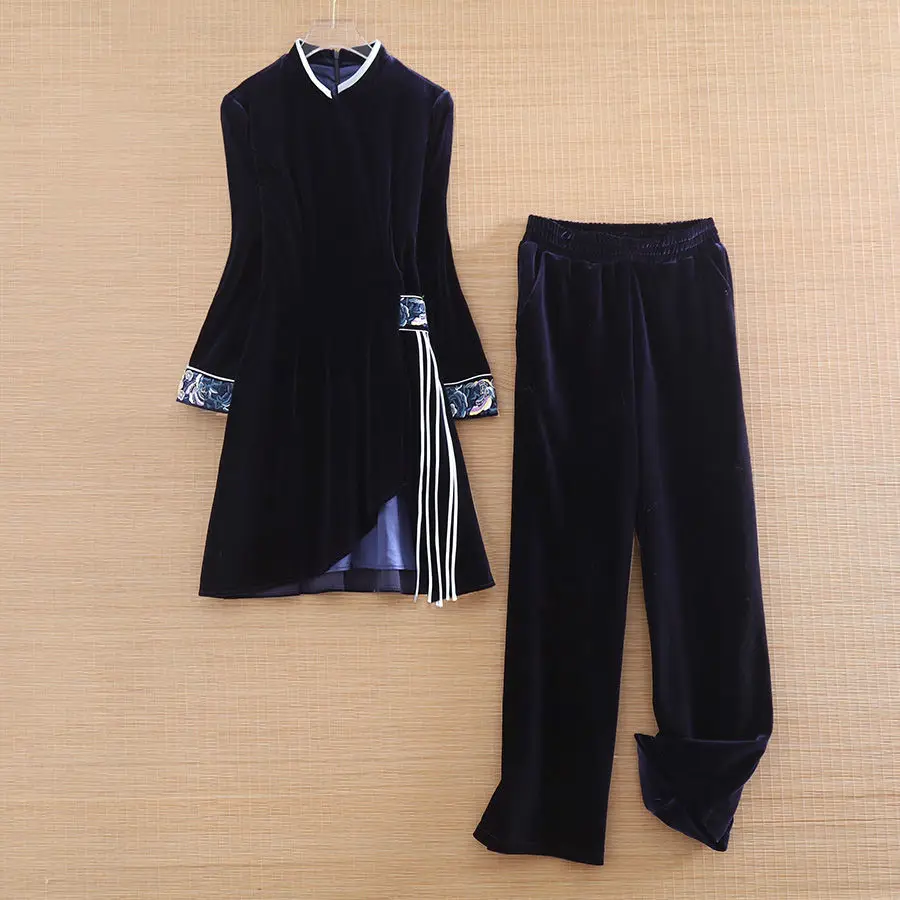 

2022 Embroidered Slim Cheongsam Tops Wide-leg Pants Two-piece Set Oversized Qipao Women's Ethnic Suits Women's Spring Summer