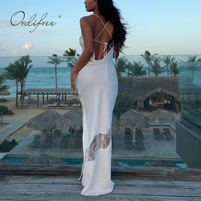 Женское длинное атласное платье Ordifree белое кружевное платье-макси с разрезом
