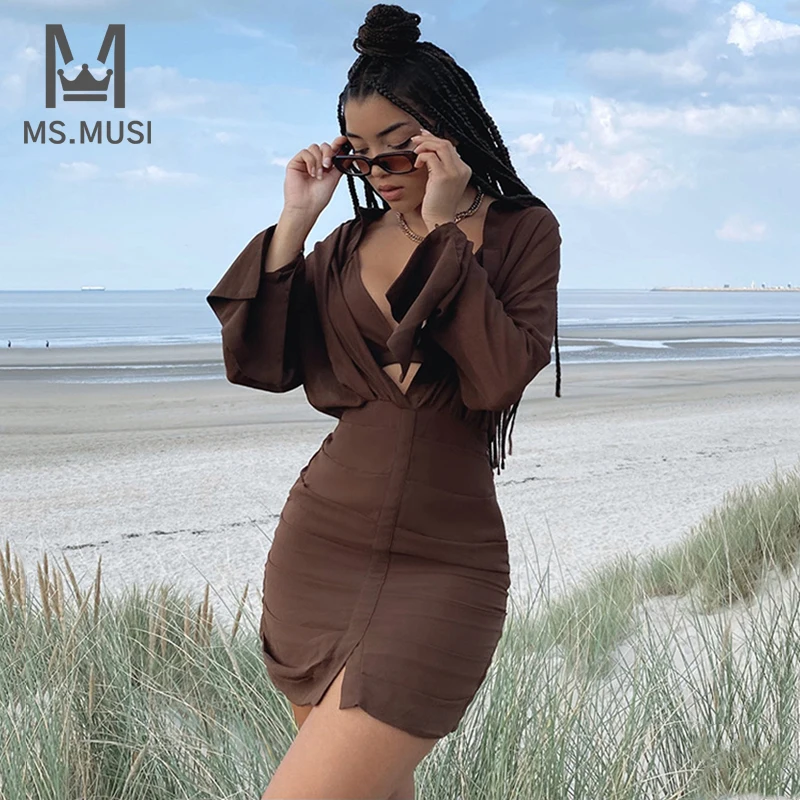 

Новинка 2023, Модный женский сексуальный атласный комплект из двух предметов MSMUSI, кружевное Сетчатое ДРАПИРОВАННОЕ облегающее мини-платье с длинным рукавом для вечерние НКИ или клуба