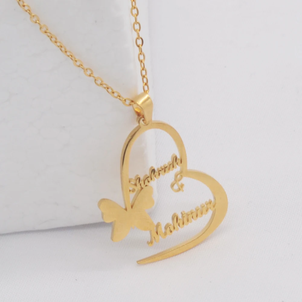 Custom Name Necklace Romantic Heart Butterfly Shape Pendant Personality Fashion Stainless Steel Cutting Nameplate Jewelry Lady
