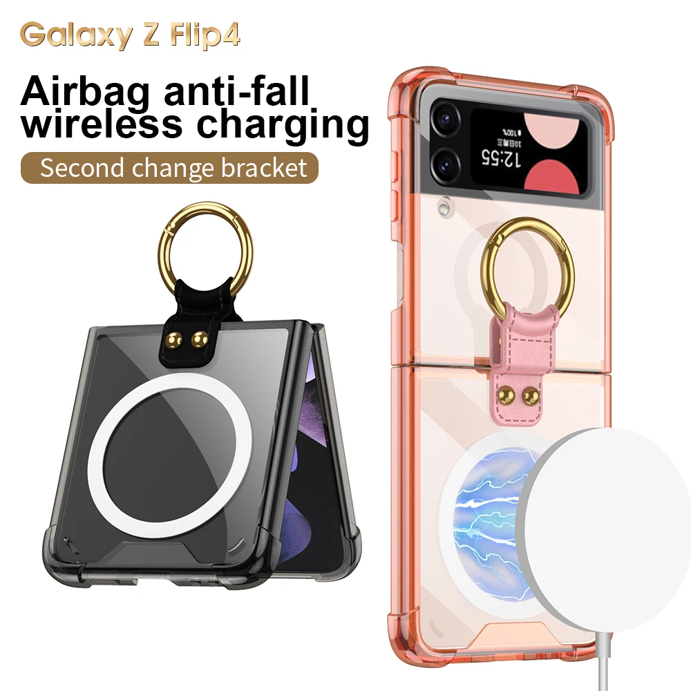 For Samsung Galaxy Z Filp 4 3 5G Magsafe Magnetic Wireless Charging Case Transparent Ring Holder Bracket Folding Shockproof Case